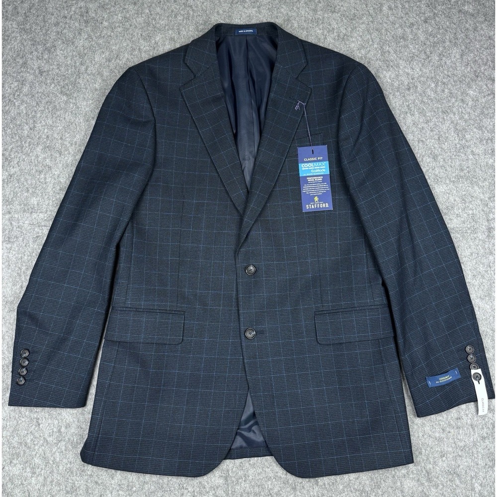 Stafford NWT Blazer Navy Blue Check Mens 40R Wool Blend Stretch $220 MSRP